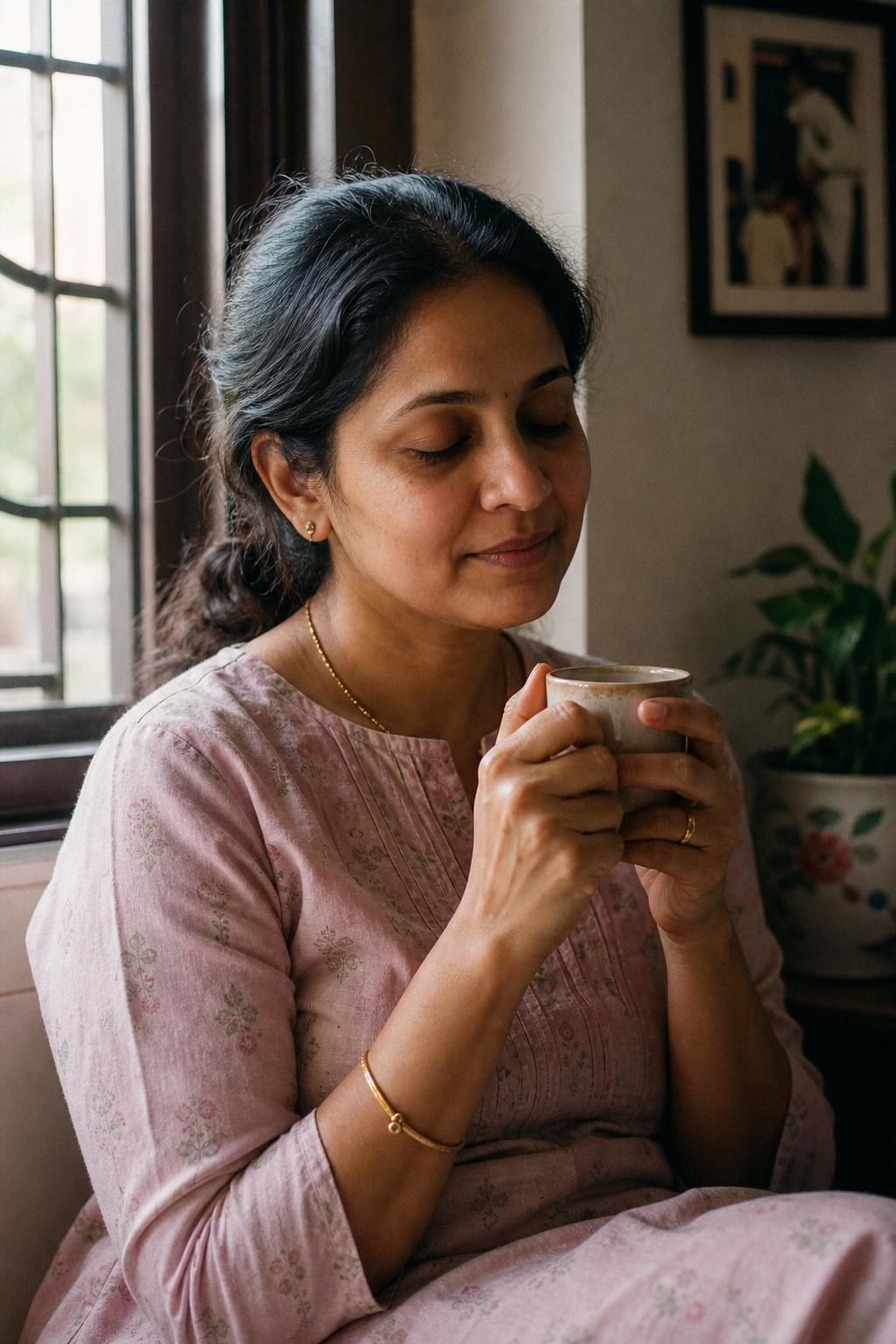 A serene mother holding a warm cup of tea, eyes softly closed in self-reflection
